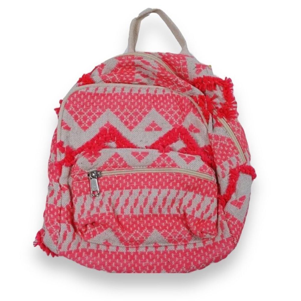 NEW MINI Backpack Purse Travel Bag Neon Pink & Linen Canvas Fabric Zip Closure
